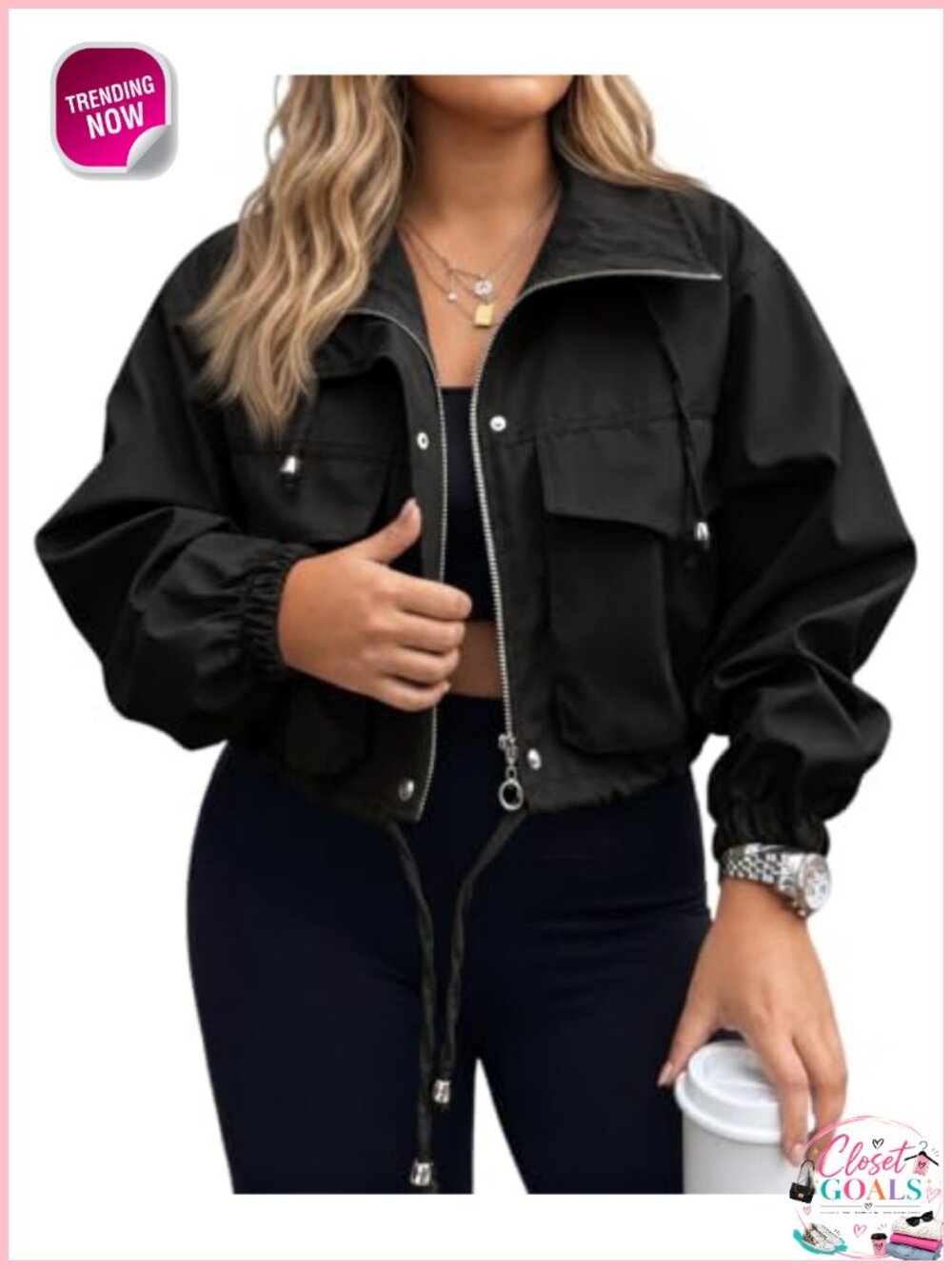 Plus Size Cropped Anorak Jacket Zip Up Lightweight Utility Coat Pockets